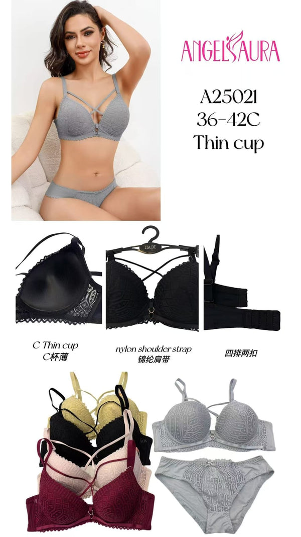 Silken C-Cup Thin Cup Lace Bra & Panty Set – Lightweight, Soft, Daily Comfort (Sizes 36C–42C)