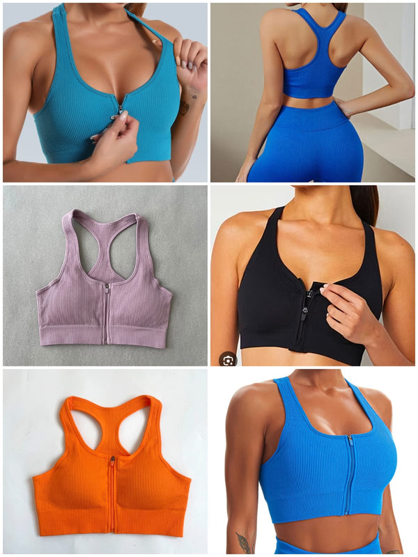 Front Zip Ribbed Sports Bra for Women | High Support Racerback Active Bra