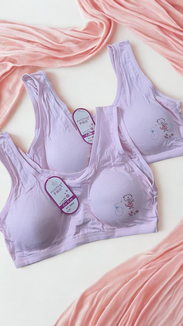 Pack of 2 Girls Training Bras with Removable Pads – Soft Cotton Wireless Beginner Bras for Teens