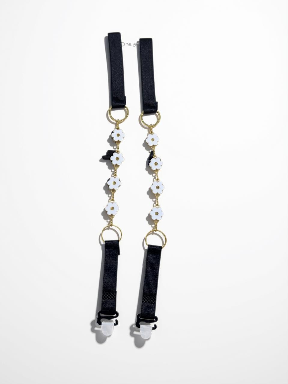 Fancy Floral Bra Straps for Women – Black Adjustable Shoulder Straps with White Flowers