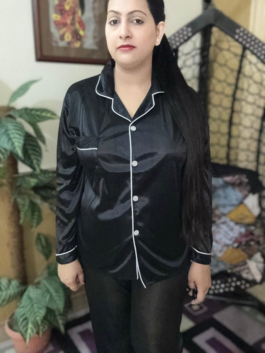 Black Silk PJ Set White Piping Trim for Ladies