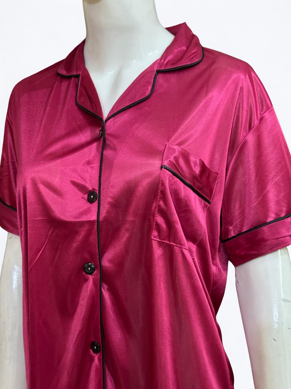 Maroon Silk Pajama Set – Collar Style, Black Piping Trim