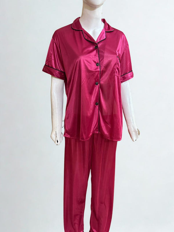 Maroon Silk Pajama Set – Collar Style, Black Piping Trim