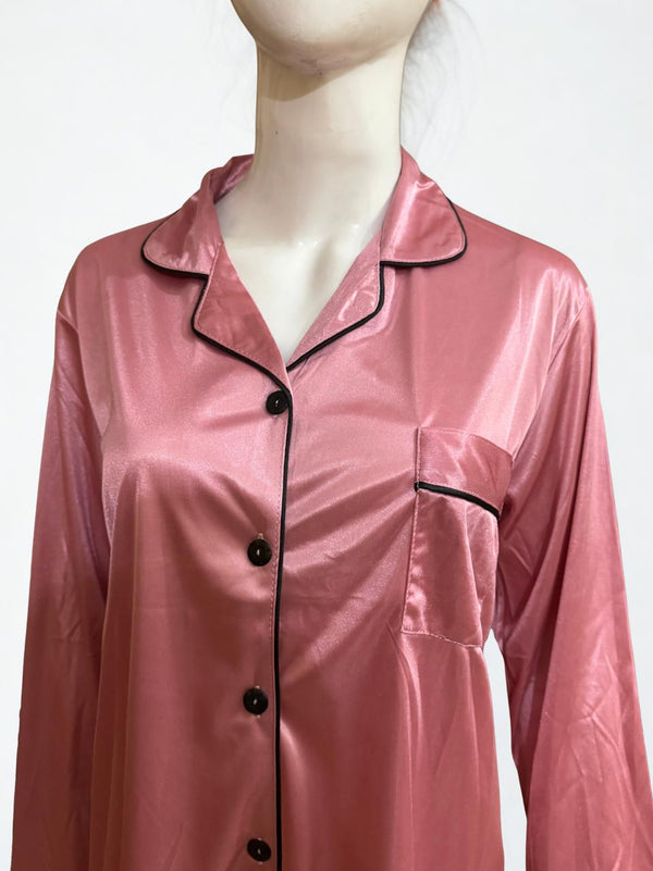 Pink Silk Pajama Set – Black Piping Trim | Luxury Nightwear