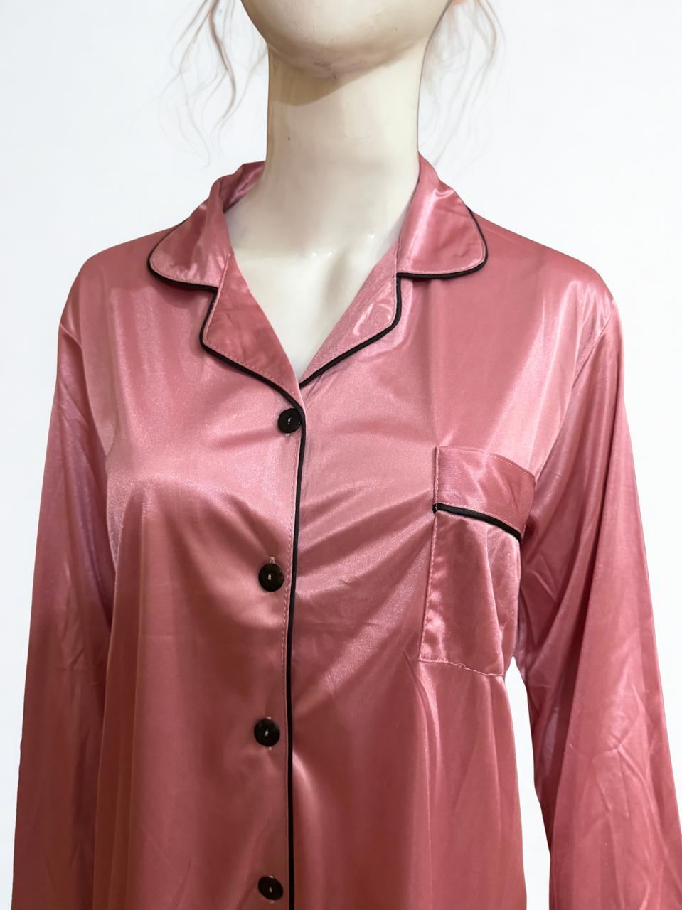 Pink Silk Pajama Set – Black Piping Trim | Luxury Nightwear