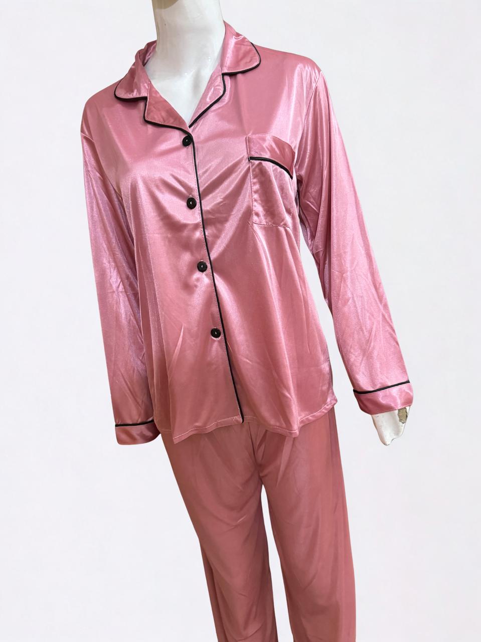 Pink Silk Pajama Set – Black Piping Trim | Luxury Nightwear