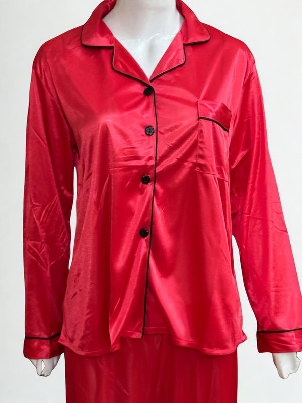 Red Silk Pajama Set – Black Piping Trim | Luxury Nightwear