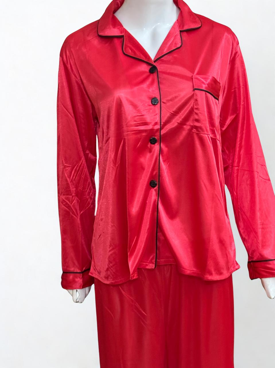 Red Silk Pajama Set – Black Piping Trim | Luxury Nightwear
