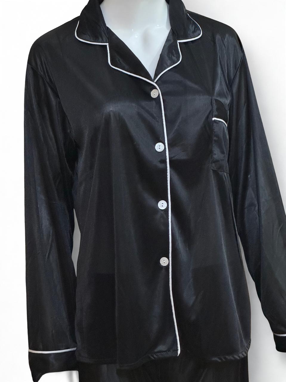 Black Silk Pajama Set – White Piping Trim | Luxury Nightwear