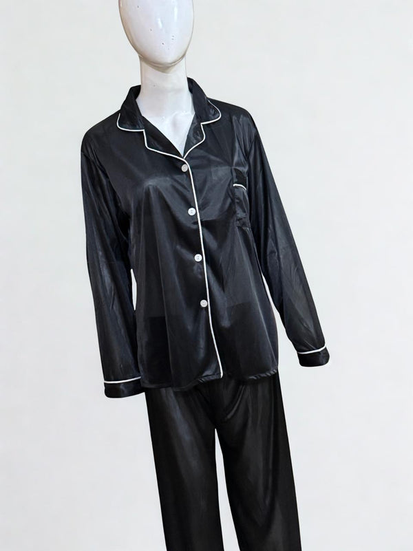Black Silk Pajama Set – White Piping Trim | Luxury Nightwear