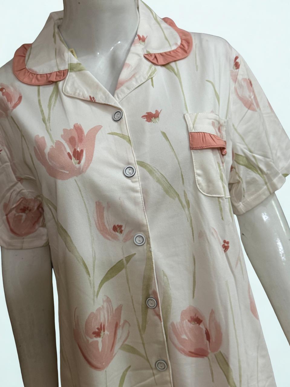 Floral Print PJ Set – Collar Style, Front Open | Soft Fabric
