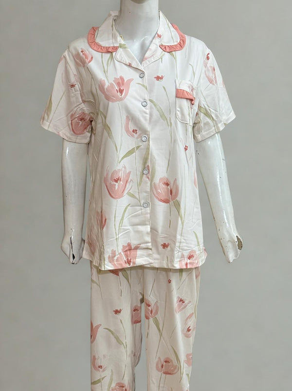 Floral Print PJ Set – Collar Style, Front Open | Soft Fabric