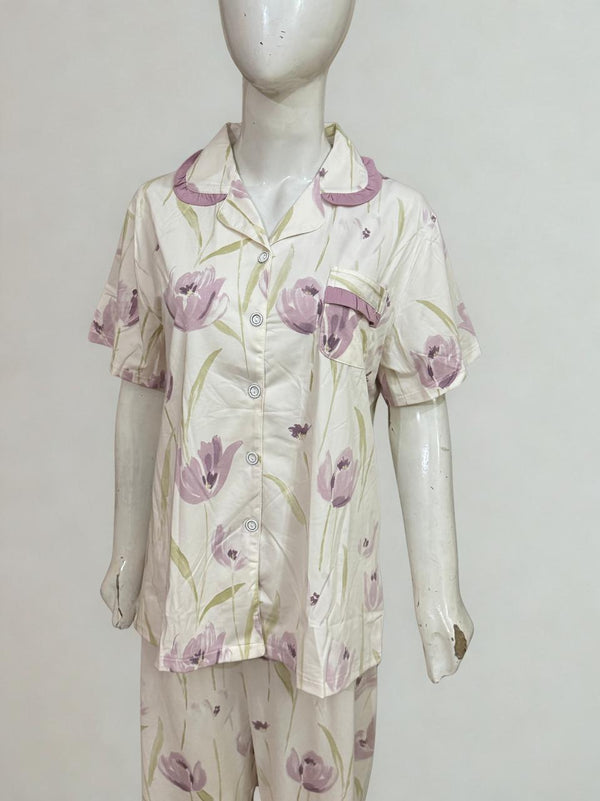Purple Floral Silk Pajama Set – Collar Style, Half Sleeves | XL‑XXL