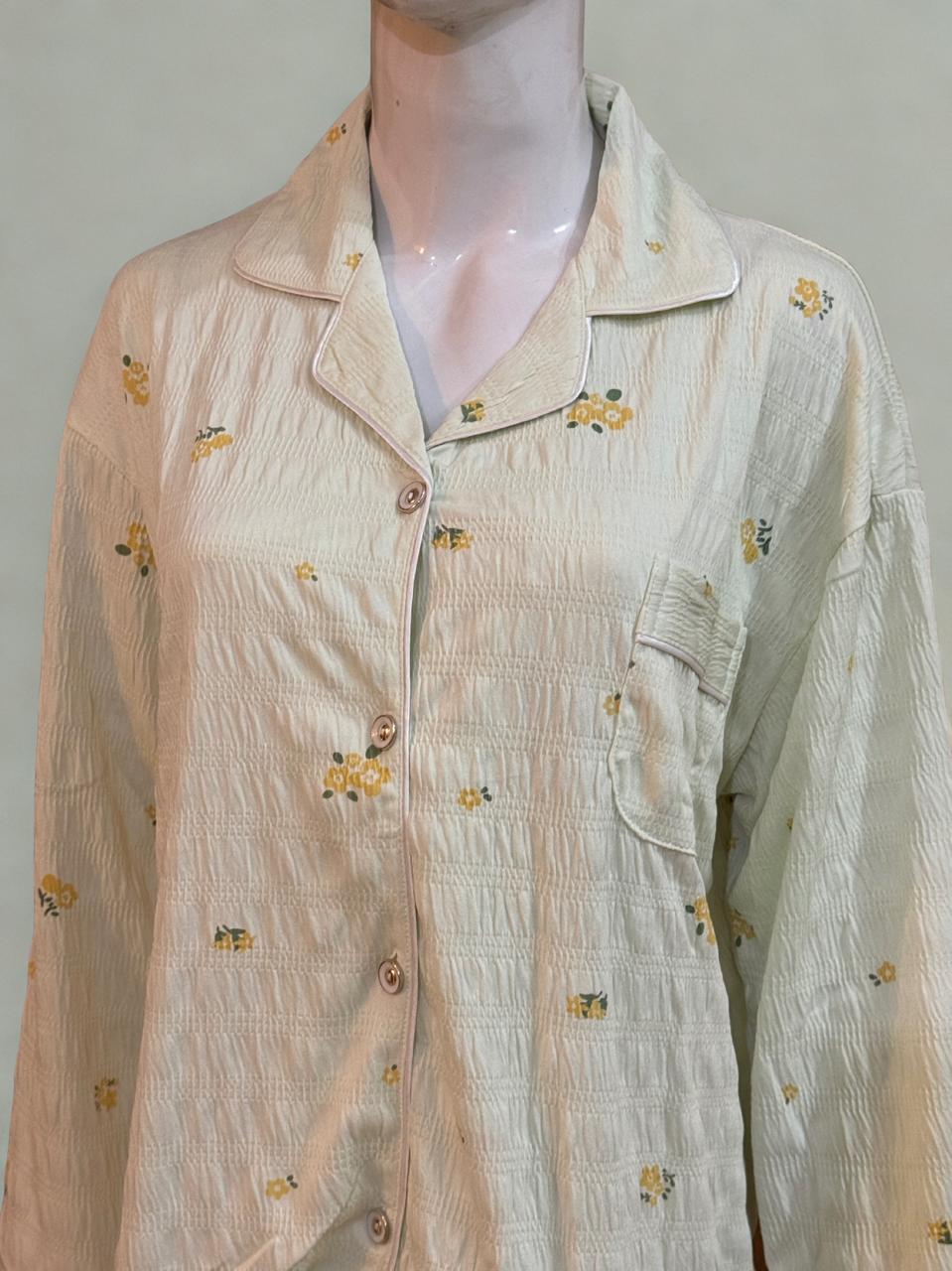 Green Stretchy Pajama Set – Collar Style, White Piping | XL‑XXL