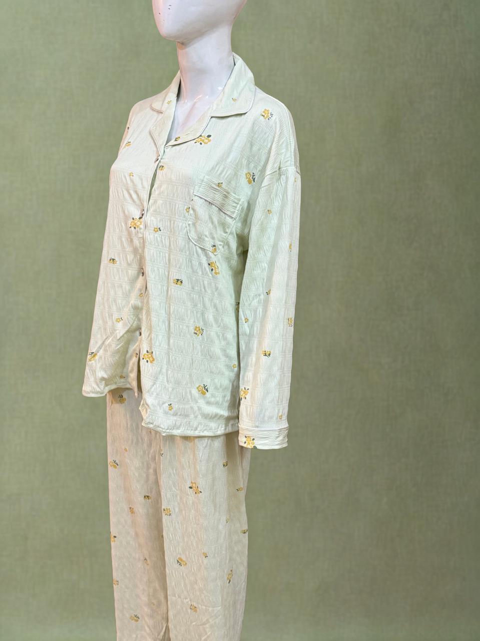 Green Stretchy Pajama Set – Collar Style, White Piping | XL‑XXL