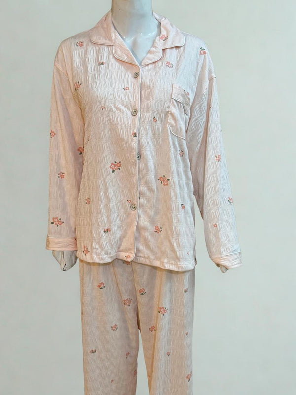 Pink Stretchy Pajama Set – Collar Style, White Piping | XL‑XXL