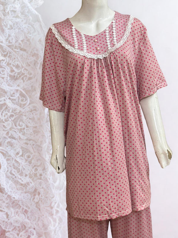 Pink Polka Dot Nightwear Set – Lace Neckline | XL‑XXXL