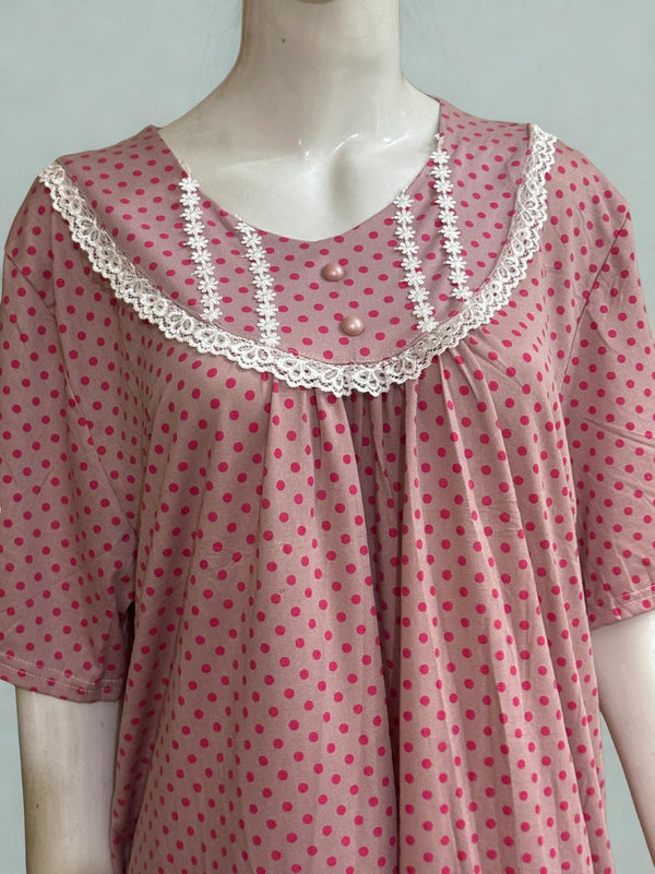 Pink Polka Dot Nightwear Set – Lace Neckline | XL‑XXXL