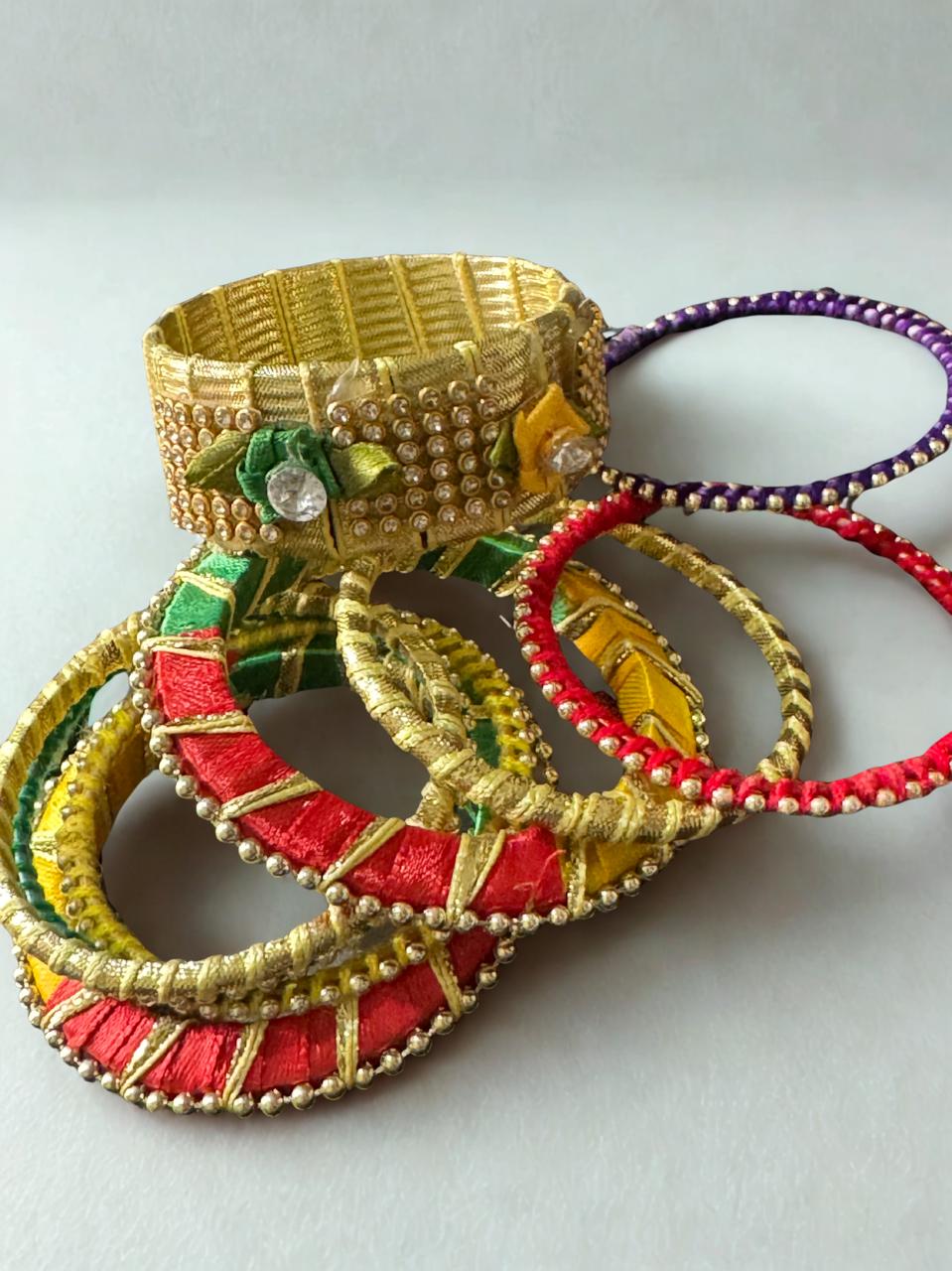 Handmade Multicolor Silk Thread & Gota Bangles Set – Traditional Indian/Pakistani Jewelry