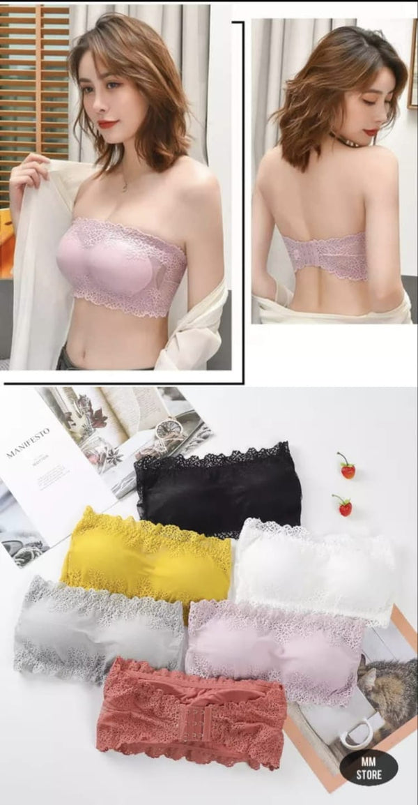 Fancy Lace Net Tube Wireless Strapless Bra , Softly Padded, Floral Lace (Free Size)