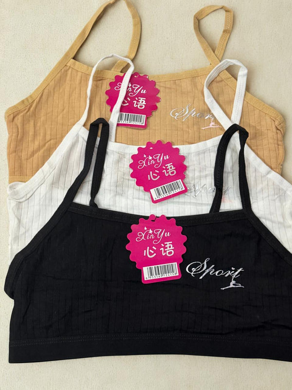Pack of 3 Teen Girls Training Bras – Cotton | Free Size | Thin Fixed Straps