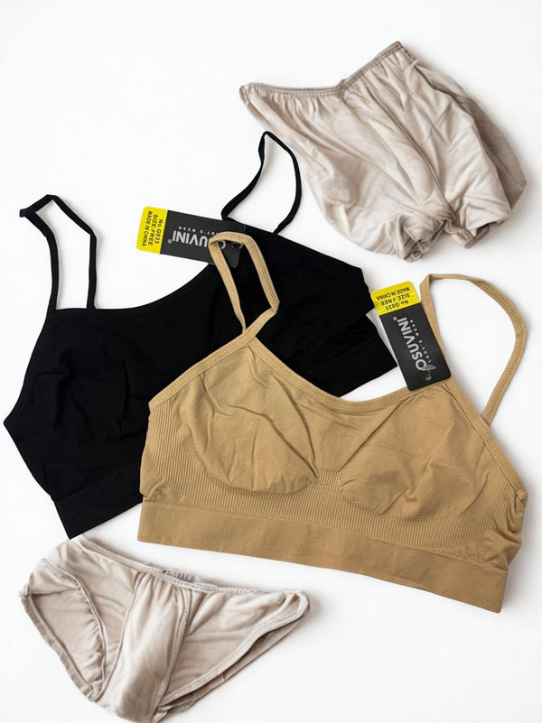 Pack of 2 Training Bras – Skin & Black | Fixed Straps | Padless Soft Stretchable Fabric