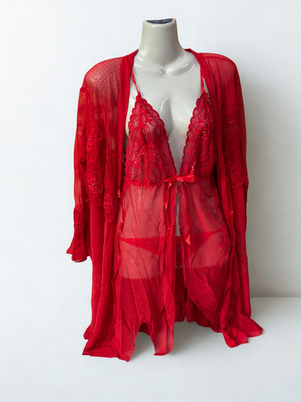 Red Lace Net 3-Piece Nighty Set for Women – Short Nightwear with Robe & Lingerie