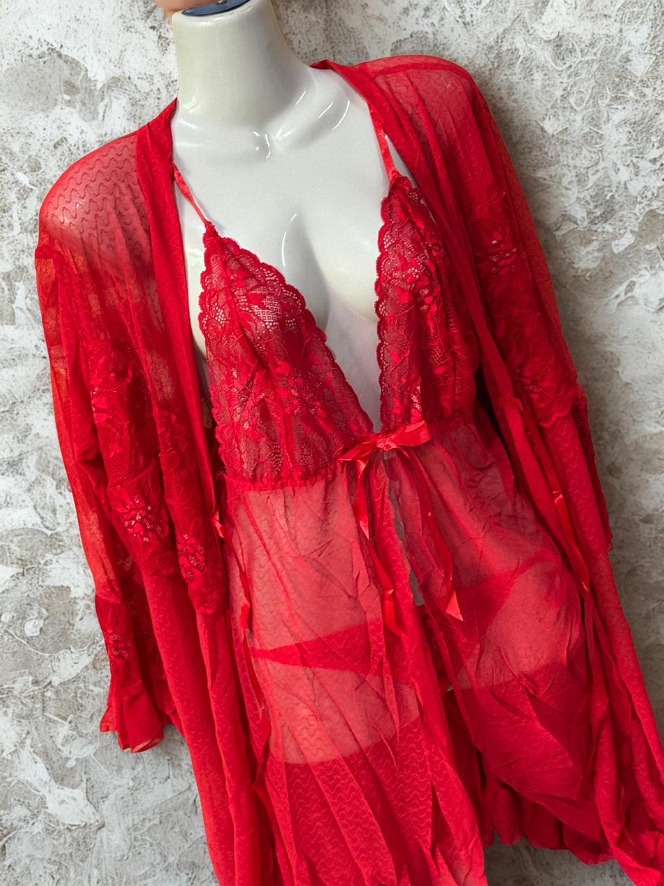 Red Lace Net 3-Piece Nighty Set for Women – Short Nightwear with Robe & Lingerie