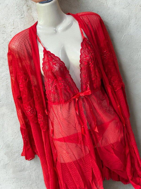 Red Lace Net 3-Piece Nighty Set for Women – Short Nightwear with Robe & Lingerie