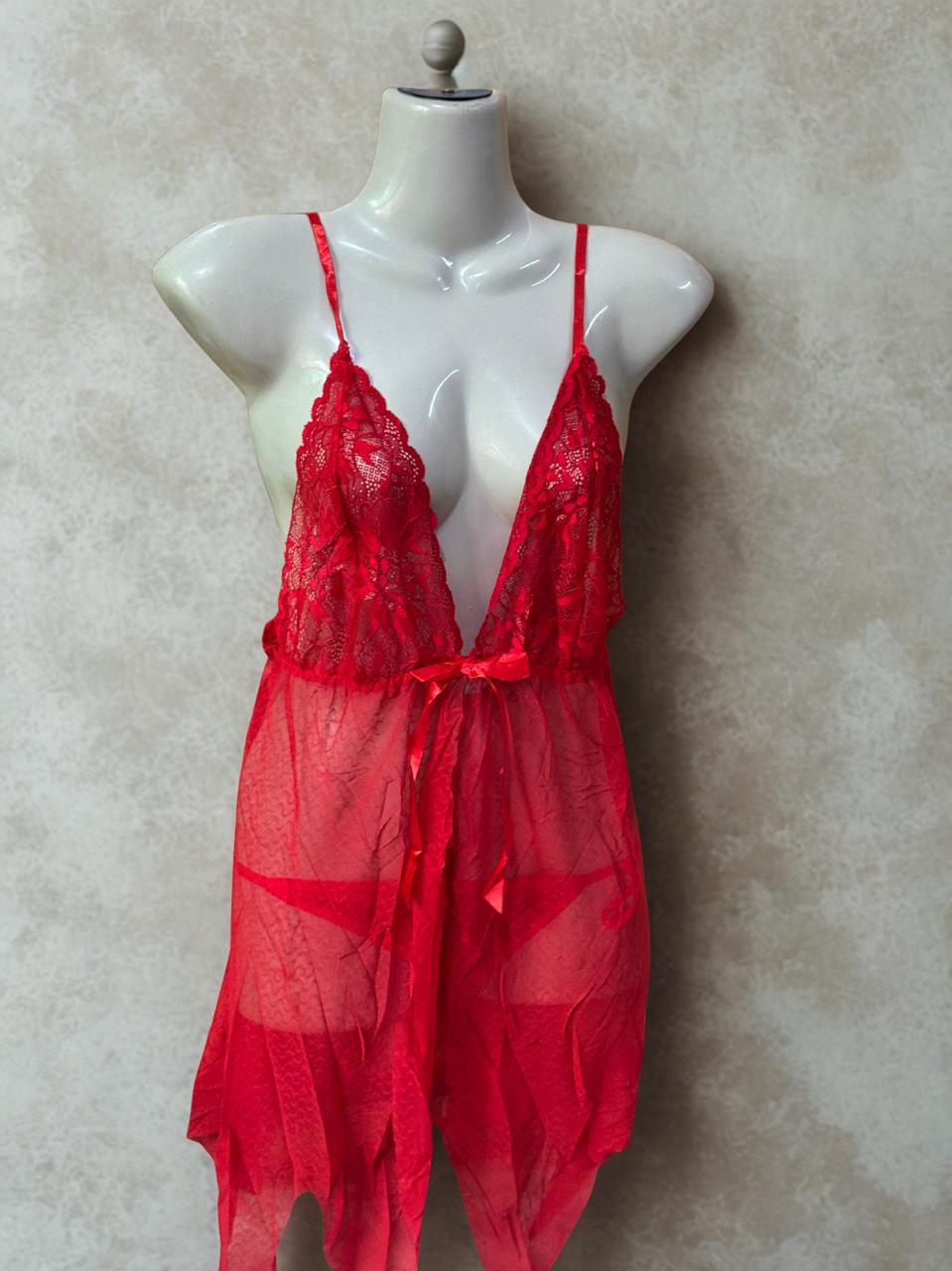 Red Lace Net 3-Piece Nighty Set for Women – Short Nightwear with Robe & Lingerie