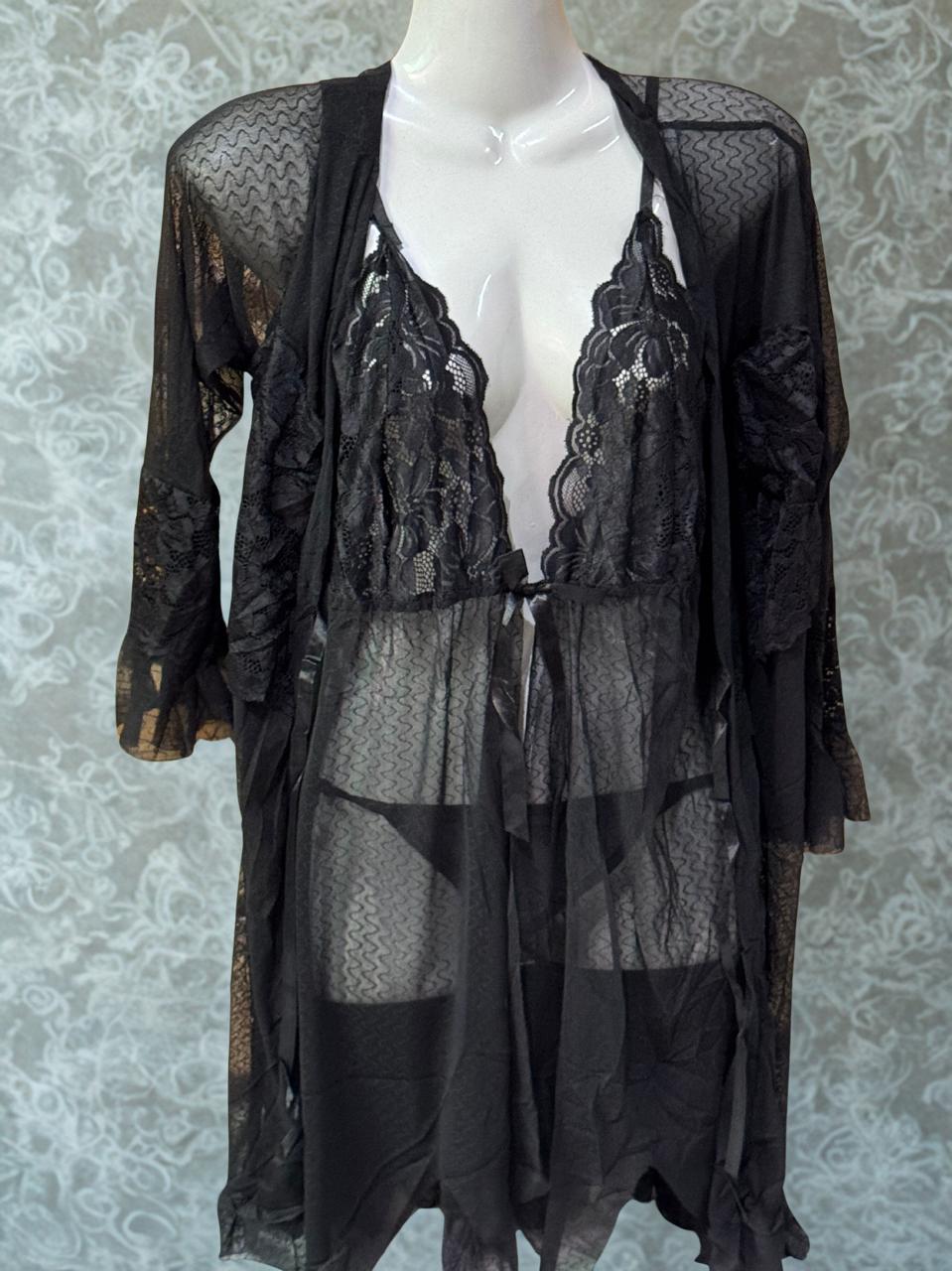 Black Net 3-Piece Short Nighty Set for Women – Sexy Lace Nightwear with Robe