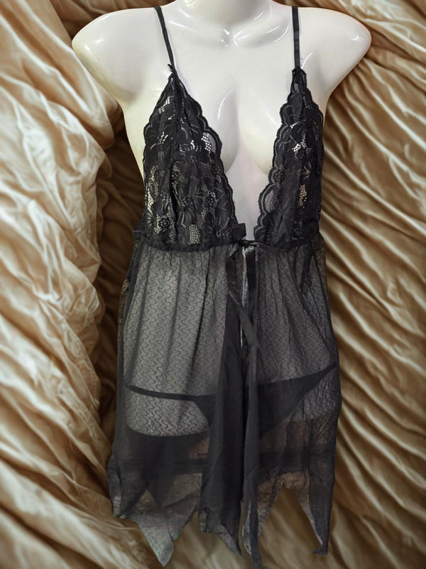Black Net 3-Piece Short Nighty Set for Women – Sexy Lace Nightwear with Robe