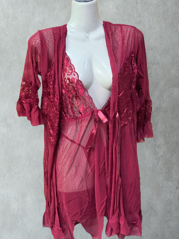 Maroon Net 3-Piece Short Nighty Set – Elegant Lace Nightwear with Robe