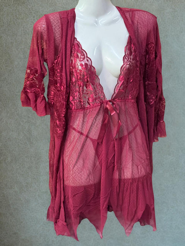 Maroon Net 3-Piece Short Nighty Set – Elegant Lace Nightwear with Robe