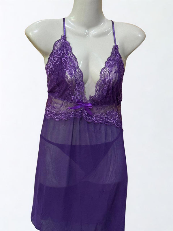 Purple Net 3-Piece Short Nighty Set – Sexy Lace Nightwear with Robe