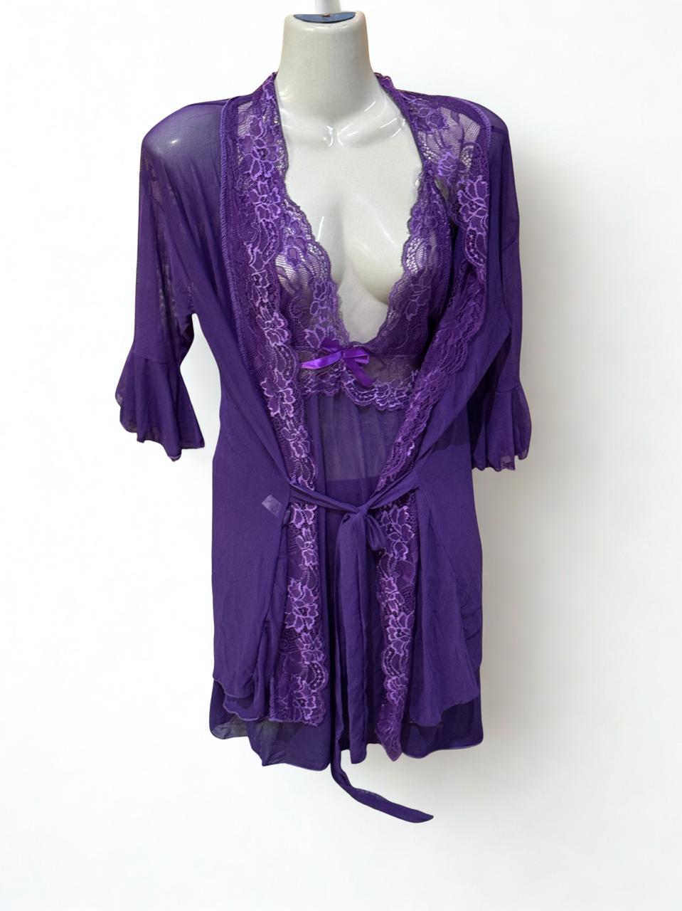 Purple Net 3-Piece Short Nighty Set – Sexy Lace Nightwear with Robe