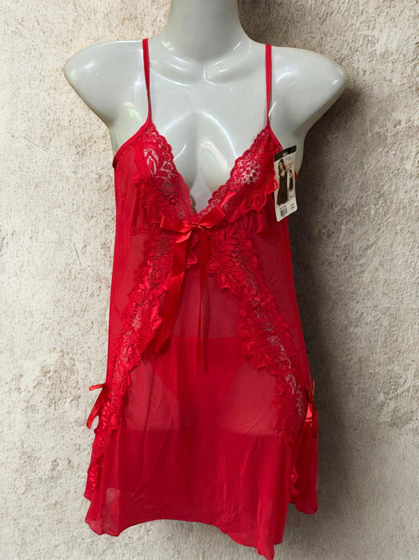 Red Lace Net 2-Piece Nighty Set for Women – Short Sexy Nightwear with Panty