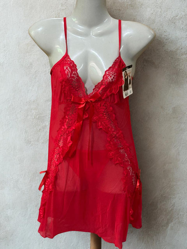 Red Lace Net 2-Piece Nighty Set for Women – Short Sexy Nightwear with Panty