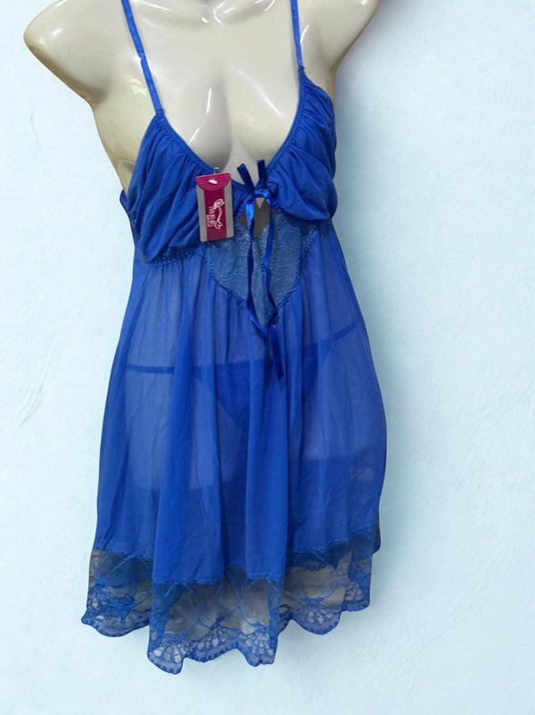 Blue Lace Net 2-Piece Nighty Set – Short Sexy Nightwear with Panty for Women