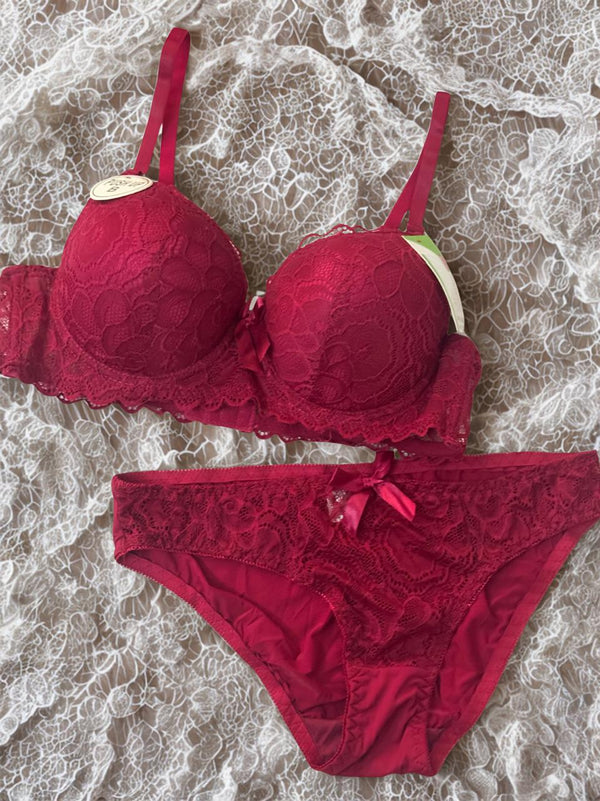 Bridal Lace Push-Up Bra & Panty Set – Maroon Color | Double Padded Ring Bra | Sizes 32B–38B | Luxury Wedding Lingerie