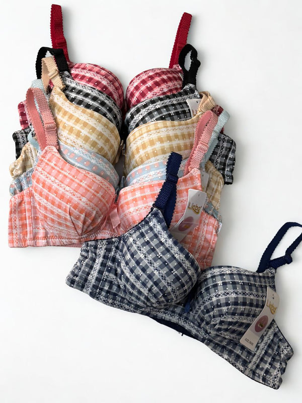 Check Pattern Push Up Ring Bra – Multi Colors | Padded Wedding Edition | Sizes 32–38 |