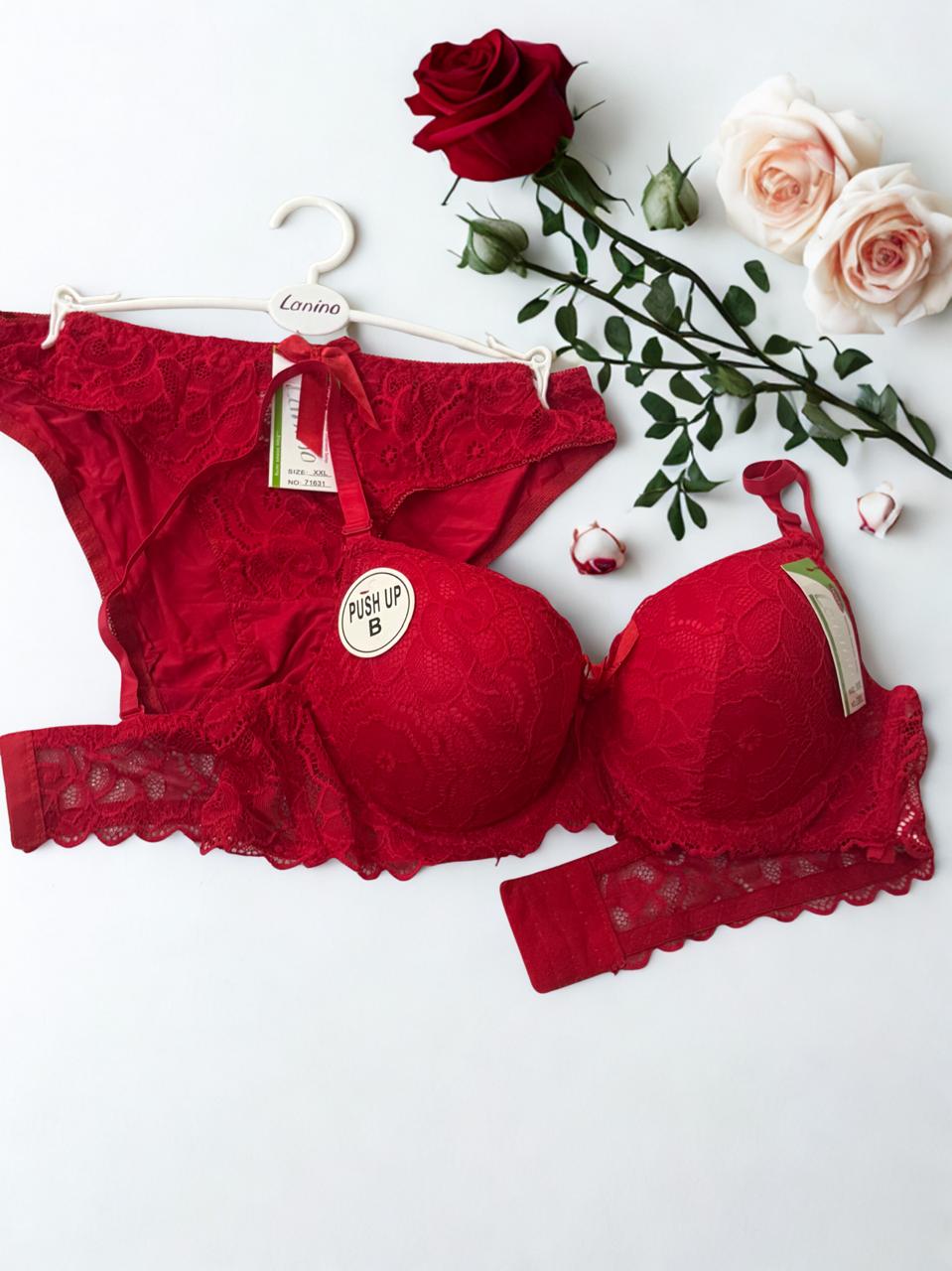 Bridal Lace Push Up Bra & Panty Set – Red Color | Double Padded Ring Bra | Sizes 32B–38B |