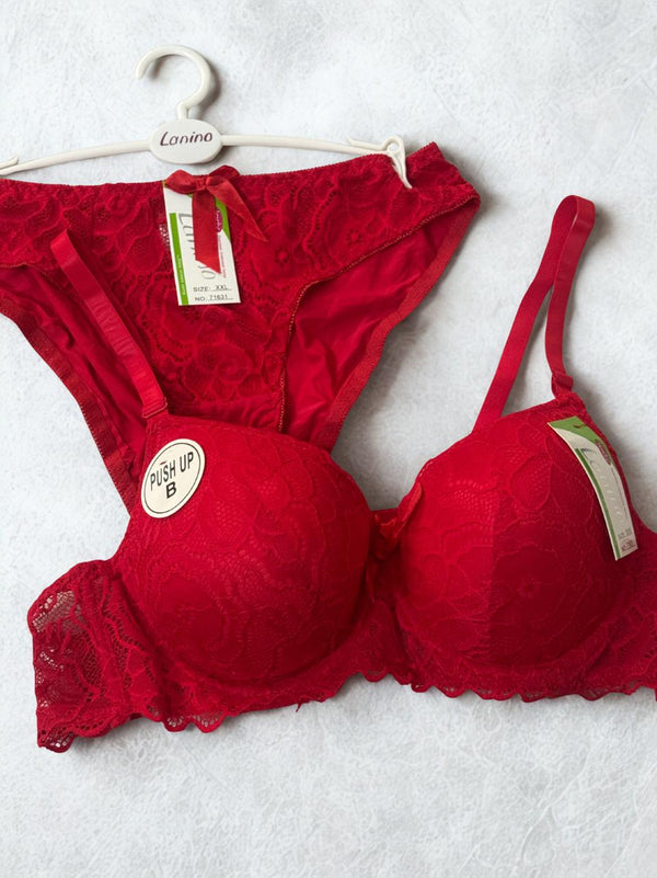 Bridal Lace Push Up Bra & Panty Set – Red Color | Double Padded Ring Bra | Sizes 32B–38B |