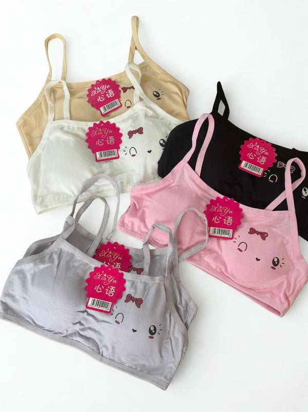 Pack of 2 Training Bras Kitty Designe for Teen Girls – Soft Cotton Starter Bras – Removable Pads – Random Cute Color