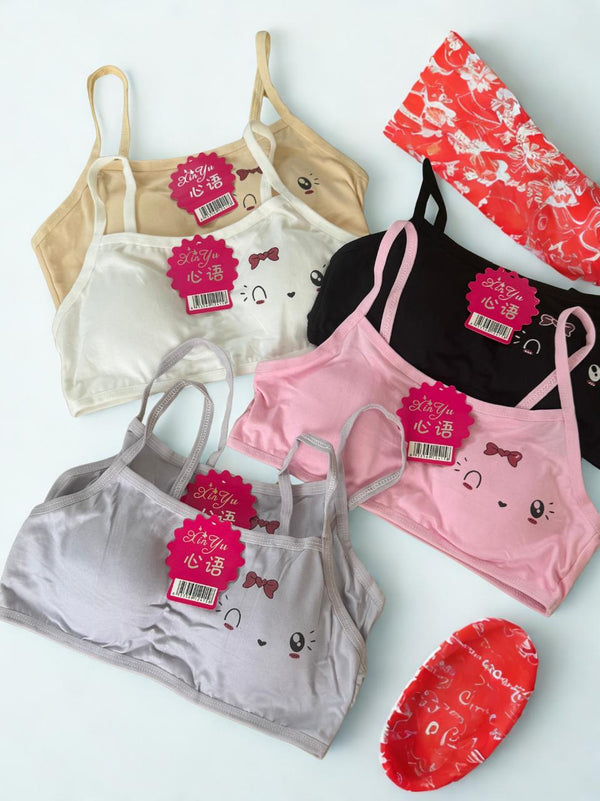 Pack of 2 Training Bras Kitty Designe for Teen Girls – Soft Cotton Starter Bras – Removable Pads – Random Cute Color