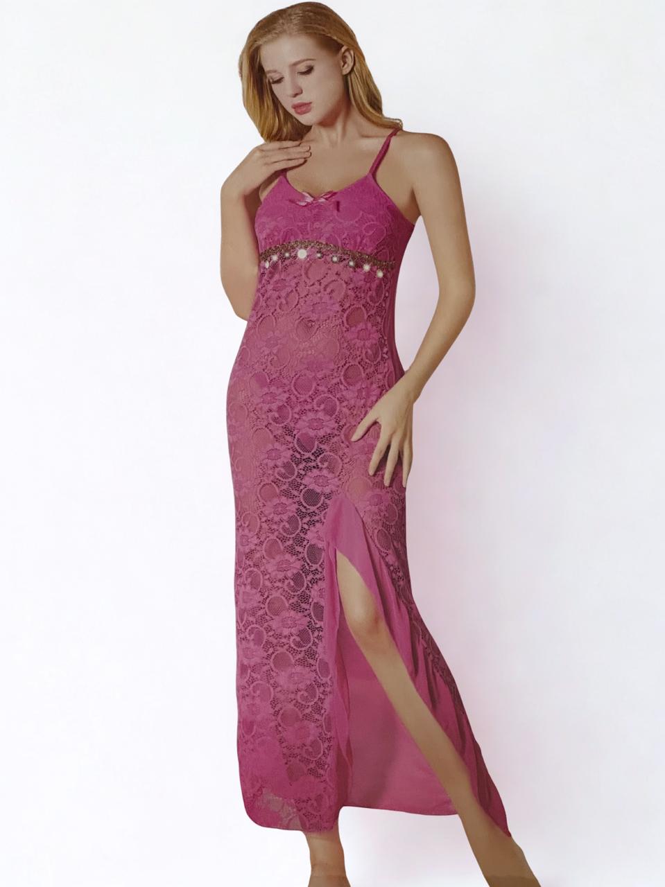 Silken Pink Lace Long Nighty – Sheer Floral Nightwear with Side Slit | Free Size