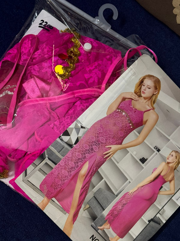 Silken Pink Lace Long Nighty – Sheer Floral Nightwear with Side Slit | Free Size