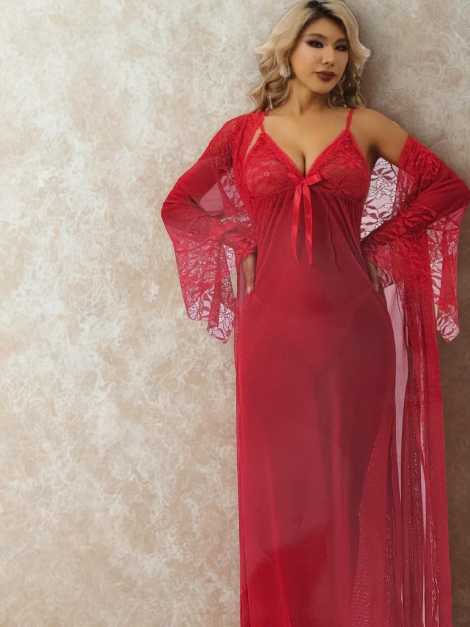 Silken Red Lace Nighty with Robe – Premium Sheer Mesh Long Nightwear for Women | Free Size