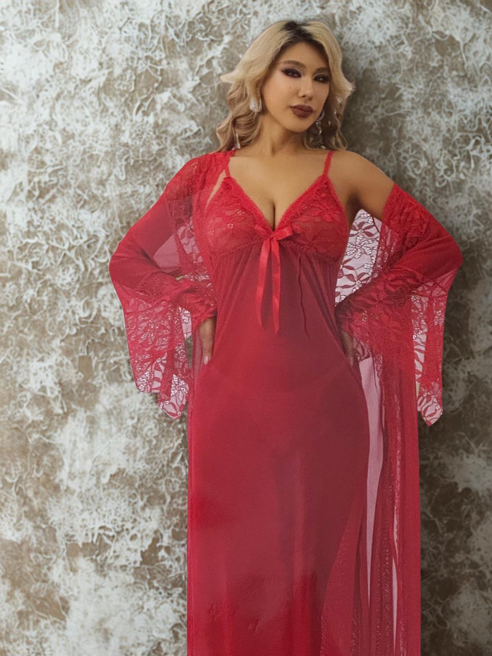 Silken Red Lace Nighty with Robe – Premium Sheer Mesh Long Nightwear for Women | Free Size