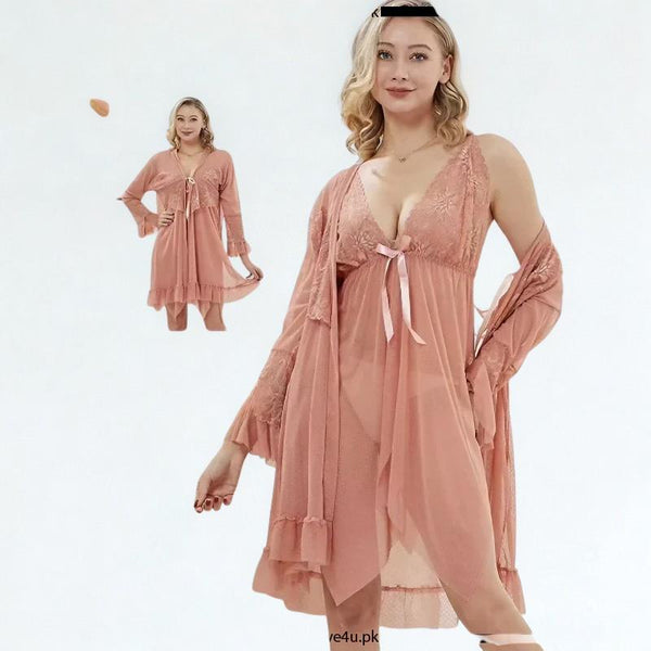 Maroon Net 3-Piece Short Nighty Set – Elegant Lace Nightwear with Robe